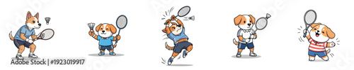 Badminton Action Cute Dog Characters Playing Racket Game Vector Collection Set
