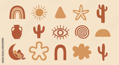 Collection of mystical symbols and celestial elements in a harmonious arrangement on a warm-toned background viewed from a straightforward perspective