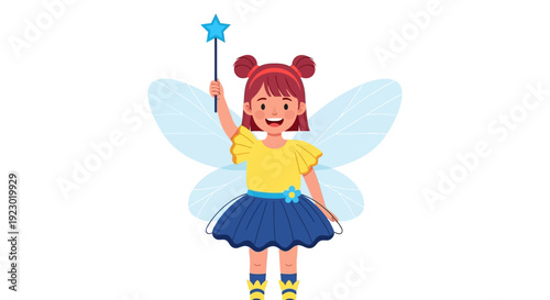 A young girl dressed as a fairy with wings holding a star wand in a whimsical setting viewed from the front