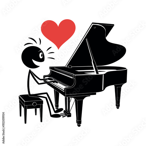 A cartoon character playing a grand piano with a heart above them