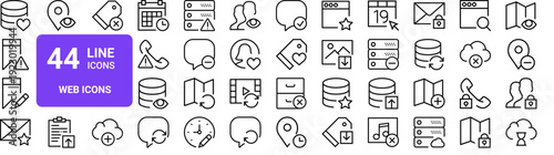 Set of 44 thin line web icons including database, bookmark, browser, server, cloud, calendar, mail, user, map and video player elements. Vector illustration