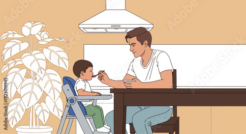 Father feeding his young son in a highchair at a dining table indoors with a plant nearby and a kitchen range hood above