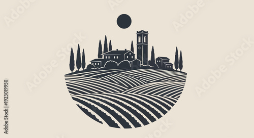 Rural landscape illustration featuring vineyard fields and a medieval estate under a full moon viewed from a distance