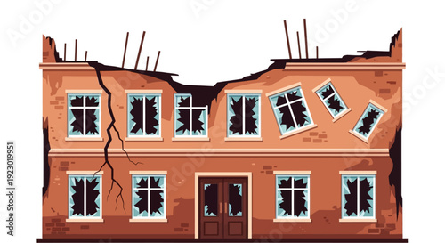 Damaged building with broken windows and cracked walls, viewed from the front, illustrating destruction and neglect in a urban environment