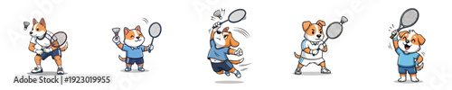 Badminton Cartoon Cute Dog Characters Playing Racket Sport Vector Collection