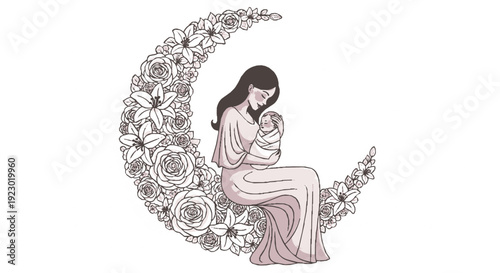 Mother sits on crescent moon surrounded by flowers holding baby close lovingly