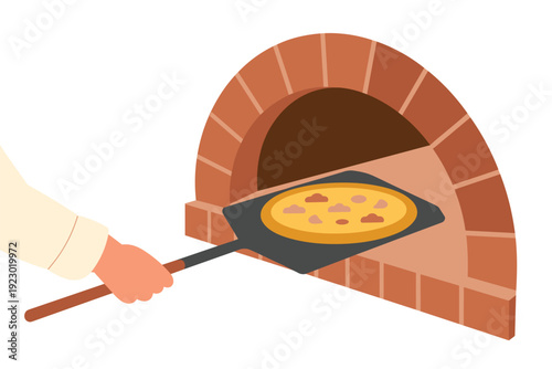 Delicious homemade pizza coming out of brick oven