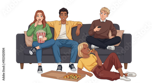 Group of friends relaxing on a couch together enjoying snacks and each other's company in a cozy living room setting