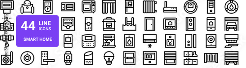 Set of 44 thin line smart home icons. Light, building, automation, security pack. Vector illustration with editable stroke for web and app design