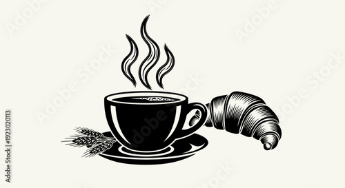 Steaming cup of coffee with coffee beans and grinder on a simple background from a straightforward viewpoint