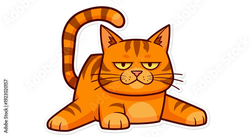 A cartoon cat with an angry expression is lying down on a white surface viewed from the front.