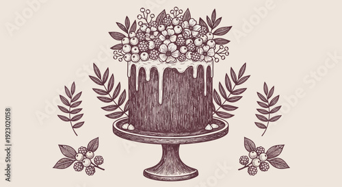 A beautifully decorated cake with flowers on a cake stand surrounded by leaves and flowers, viewed from the front.