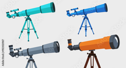 Assorted telescopes on stands arranged in a row, viewed from the front, showcasing diverse astronomy equipment
