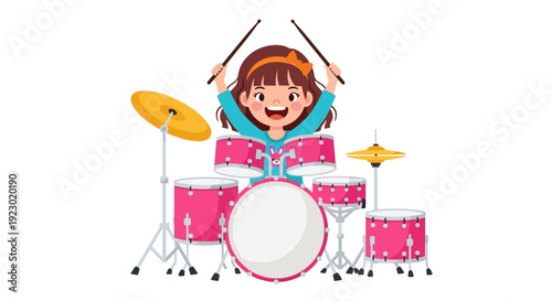 A young girl enthusiastically playing a vibrant pink drum set with drumsticks in a lively cartoon illustration
