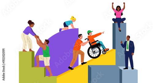 Diverse individuals assisting each other to climb a large purple arrow, symbolizing teamwork and success, viewed from a slight elevation