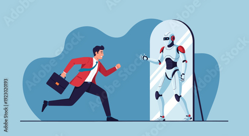 A businessman running towards a robotic reflection holding a mirror, illustrating the intersection of technology and human identity