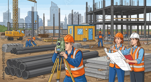 Surveyors at work on a bustling construction site, measuring and planning with precision instruments and blueprints amidst steel and concrete