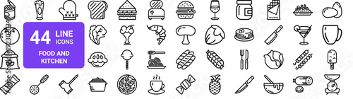 Set of 44 thin line food and kitchen icons including can, tomato, flour pack, vegetables, meat, cooking utensils. Outline vector illustration