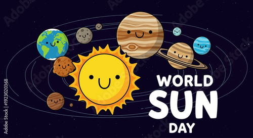 Celebration of World Sun Day with planets orbiting the sun in our solar system illustration