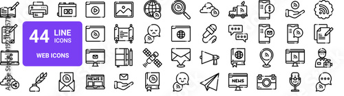Set of 44 thin line web icons including book, notes, laptop, camera, mail, cloud, chat. Vector outline illustration pack for digital projects