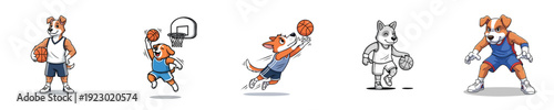 Basketball Action Cute Dog Characters Playing Ball Sport Vector Collection