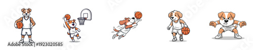 Basketball Cartoon Cute Dog Characters Playing Ball Sport Vector Collection