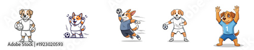 Handball Action Cute Dog Characters Playing Team Sport Vector Collection