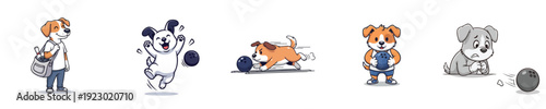 Bowling Players Cute Dog Characters Rolling Ball Game Vector Collection