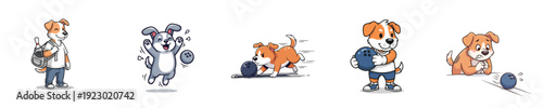 Bowling Cartoon Cute Dog Characters Playing Ball Game Vector Collection