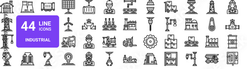 Set of 44 thin line industrial icons. Warehouse, power line, crane, factory, oil platform, logistics pack. Vector illustration