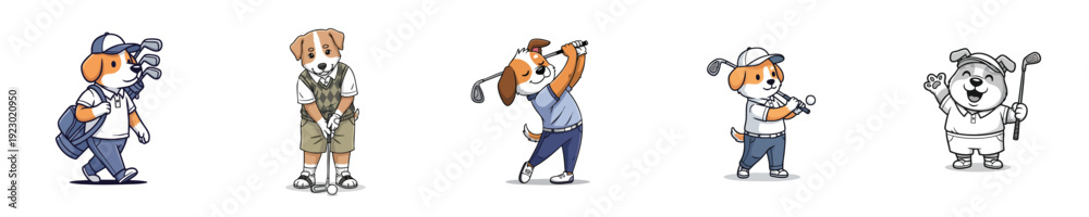 Obraz premium Golf Action Cute Dog Characters Playing Club Outdoor Sport Vector Set