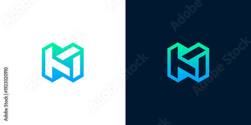 Modern abstract letter K logo design with gradient and geometric shapes on white and dark backgrounds