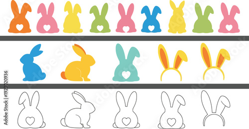 Collection of colorful and outline bunny vector icons perfect for easter crafts
