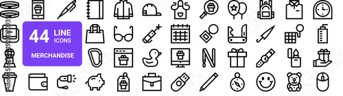Set of 44 thin line promotional merchandise and everyday items icons. Vector outline illustration with accessories, gifts, apparel, bags, tech gadgets