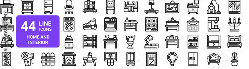 Set of 44 thin line home interior icons. Furniture, appliances, decor pack. Outline vector illustration for web and UI design
