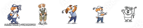 Golf Action Cute Dog Characters Playing Club Outdoor Sport Vector Set