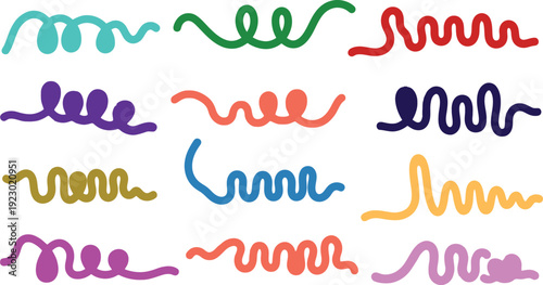 Collection of colorful vibrant wavy squiggly lines creating abstract patterns and shapes