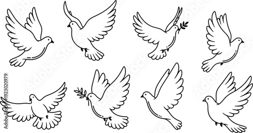 Collection of simple black line art dove illustrations symbolizing peace flying freely