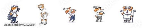 Golf Cartoon Cute Dog Characters Playing Club Sport Vector Collection