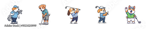 Golf Players Cute Dog Characters Swinging Club Sport Vector Collection