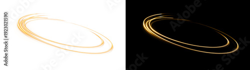 Abstract glowing golden ring, luminous light trail circle, shiny dynamic energy swoosh, magical frame effect isolated on transparent background.