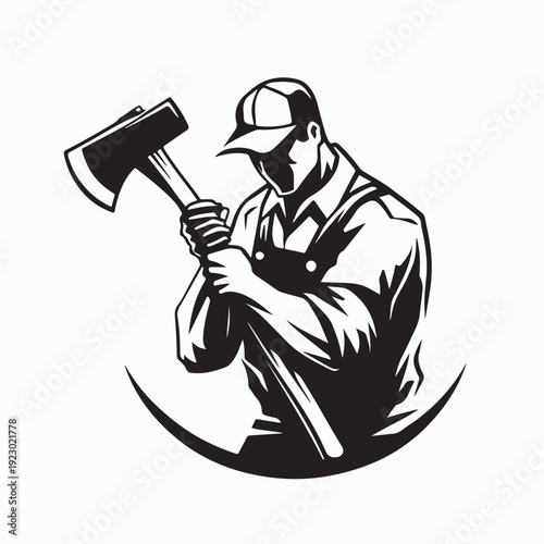 Lumberjack Swinging Axe Logo Vector Design on White Background