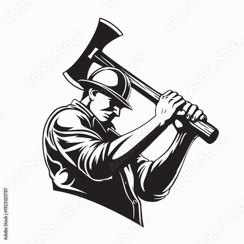 Lumberjack Mascot Swinging Axe Vector Logo on White Background