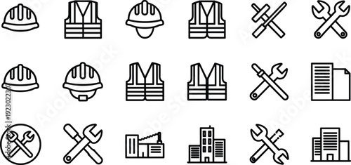 Collection of icons representing various construction and safety equipment and symbols isolated on transparent background, Vector