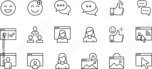 Collection of icons representing various communication and presentation activities isolated on transparent background, Vector