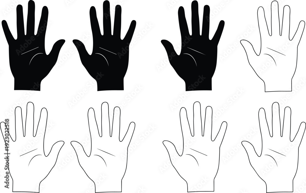 Obraz premium Illustrations of different hand gestures and palm orientations in black and white diagrams isolated on transparent background, Vector