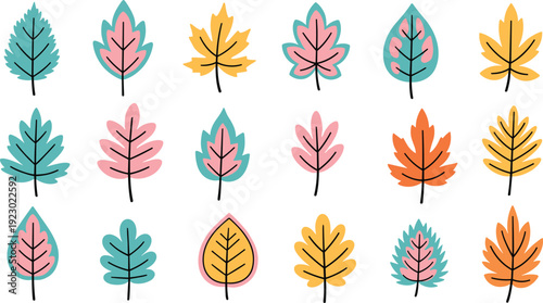 Vibrant collection of stylized autumn leaves in various colors and shapes isolated on transparent background, Vector
