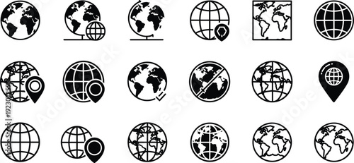 Collection of diverse globe icons with various design elements and styles isolated on transparent background, Vector