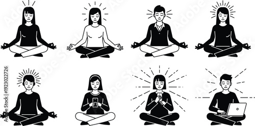 Illustrations of meditating individuals with varying emotional expressions and energy levels isolated on transparent background, Vector