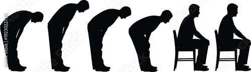 Evolution of a person from standing to sitting on a chair through various stages isolated on transparent background, Vector